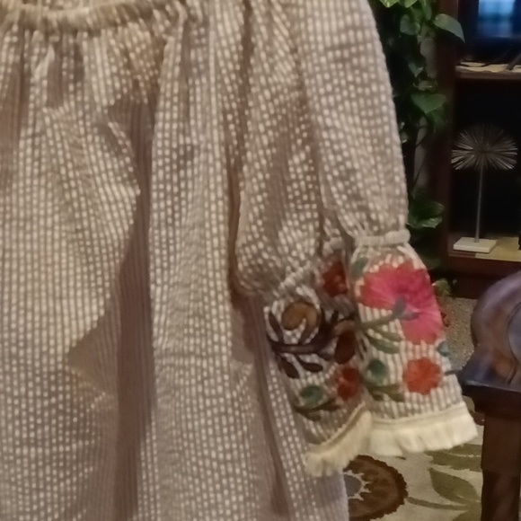 Grace & Emma brown/beige seersucker dress w embroidered & frayed cuffs & hem Sm - Picture 3 of 7